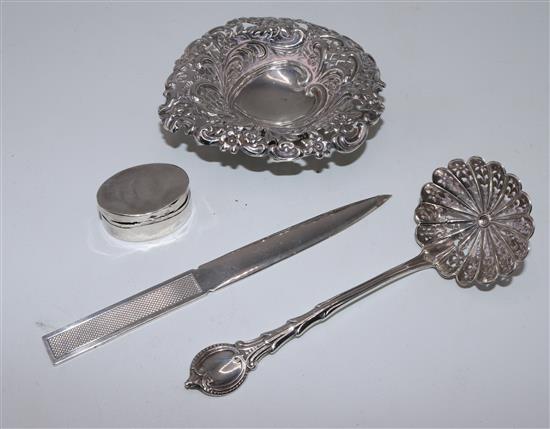 Silver paperknife, pill box & sugar castor